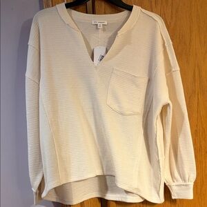 Blu pepper Cream Waffle Knit V-Neck Pullover with Pocket